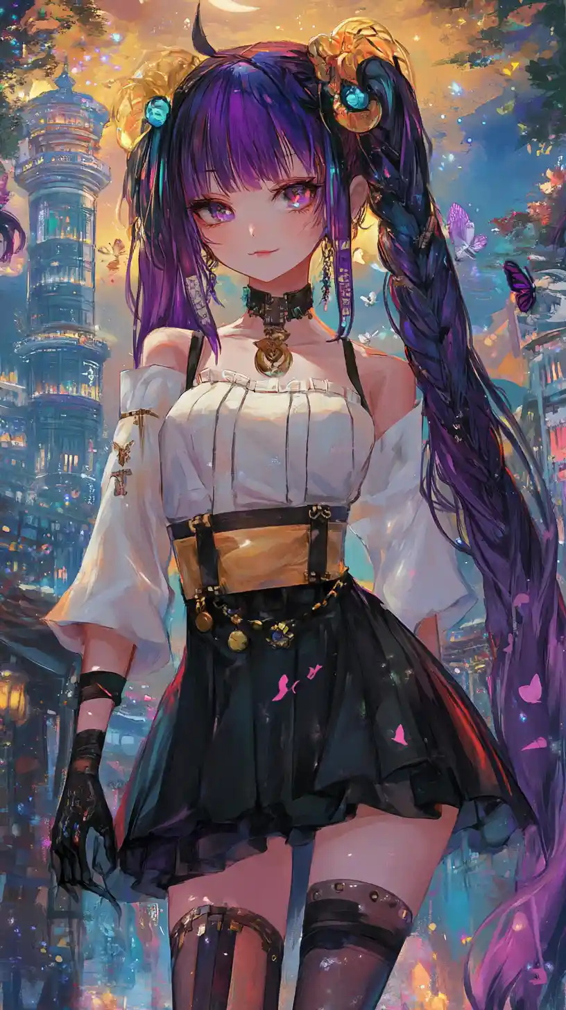 Anime girl with purple braid walking in city street