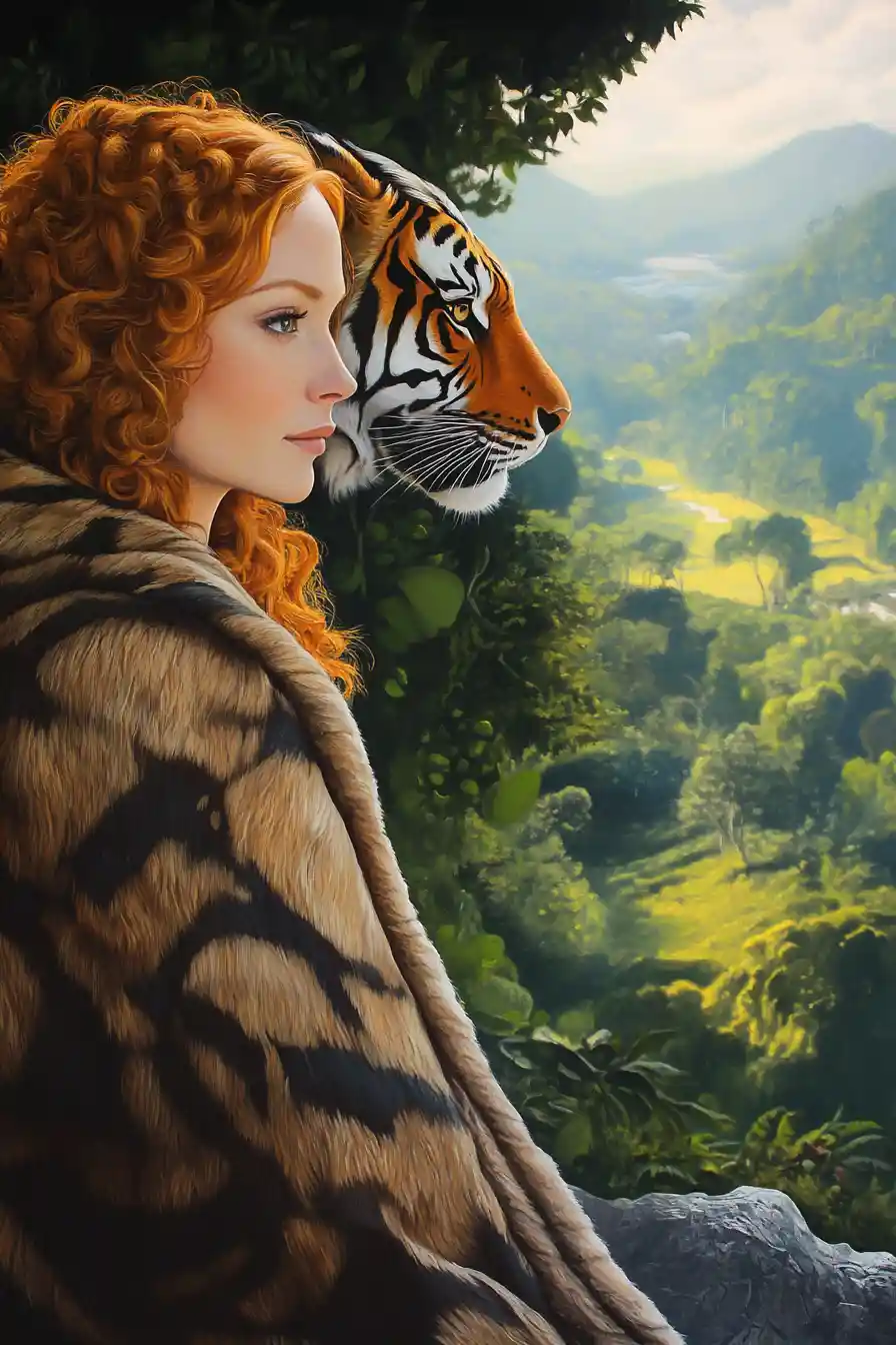 Woman in tiger hood gazing over lush green valley
