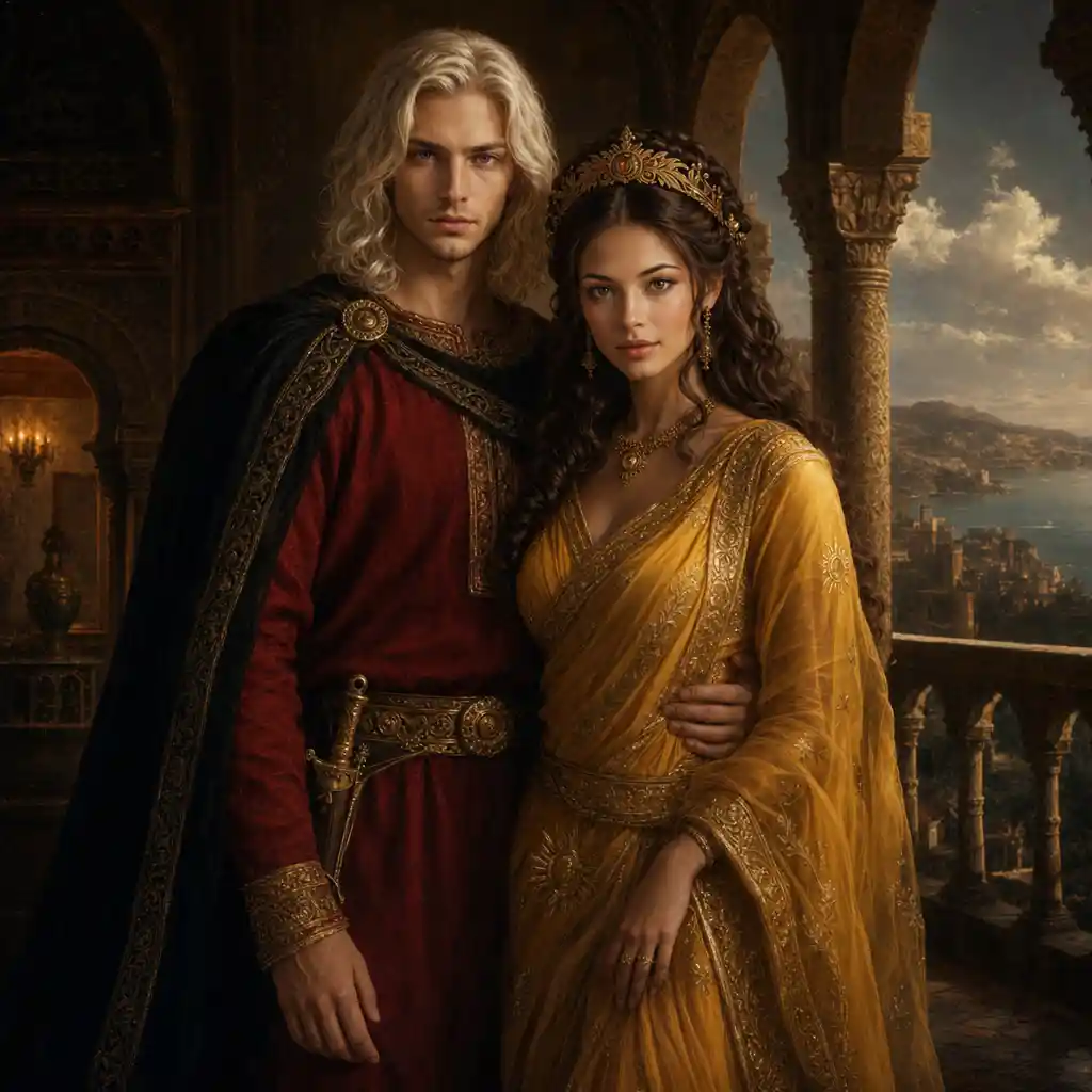 Renaissance style double portrait of a couple on terrace