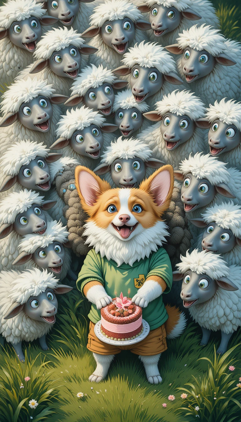 Cute corgi in green outfit with cake on meadow grass
