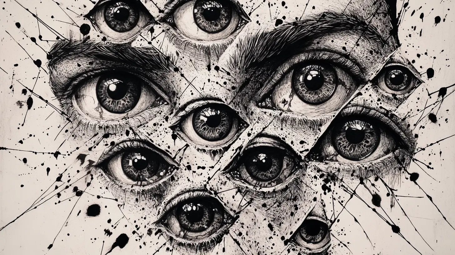 Surreal ink portrait with multiple watching eyes and cuts