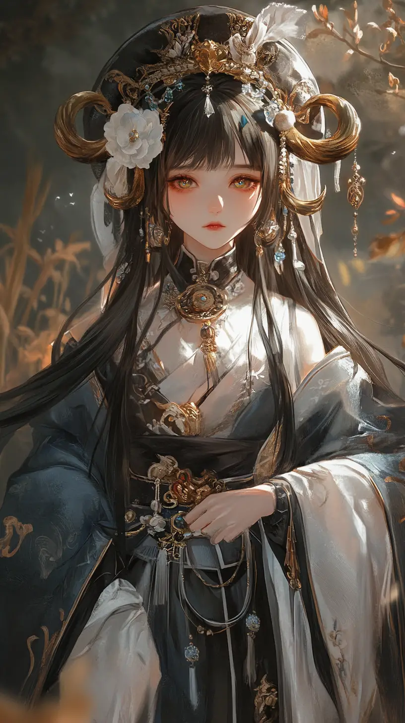 Elegant fantasy girl with staff before ancient forest temple
