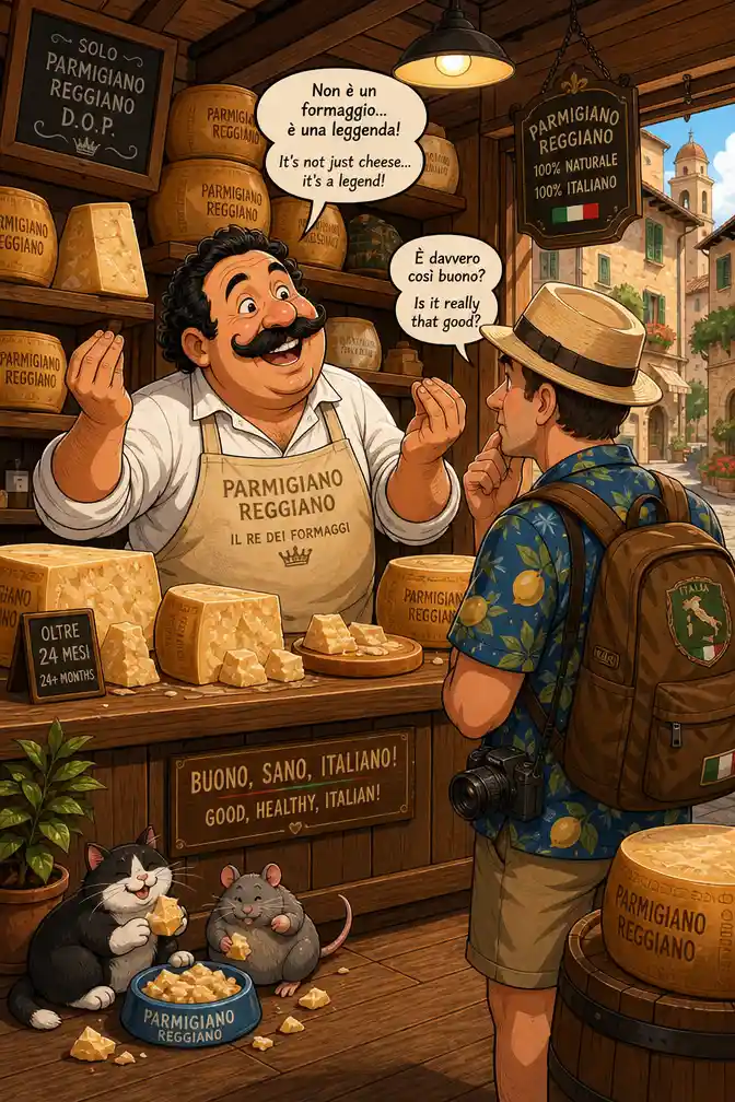 Cheerful Italian shopkeeper selling parmesan in a wooden cheese shop