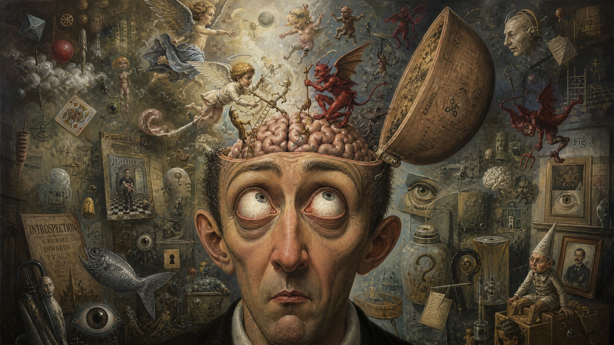 Surreal close up of a man with his skull open