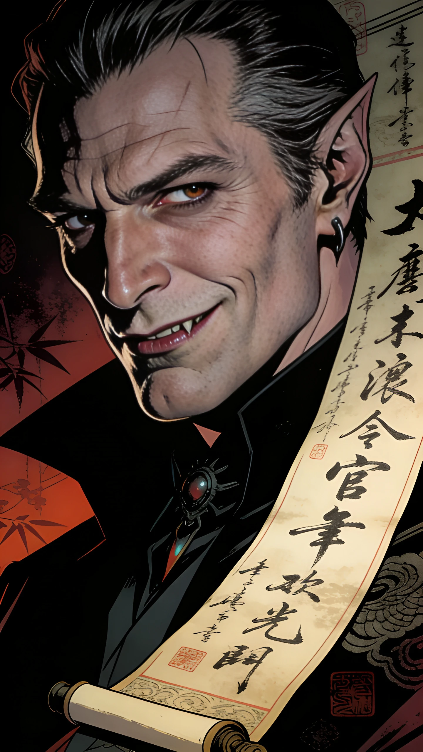 Cinematic close up of a mature cyberpunk vampire portrait