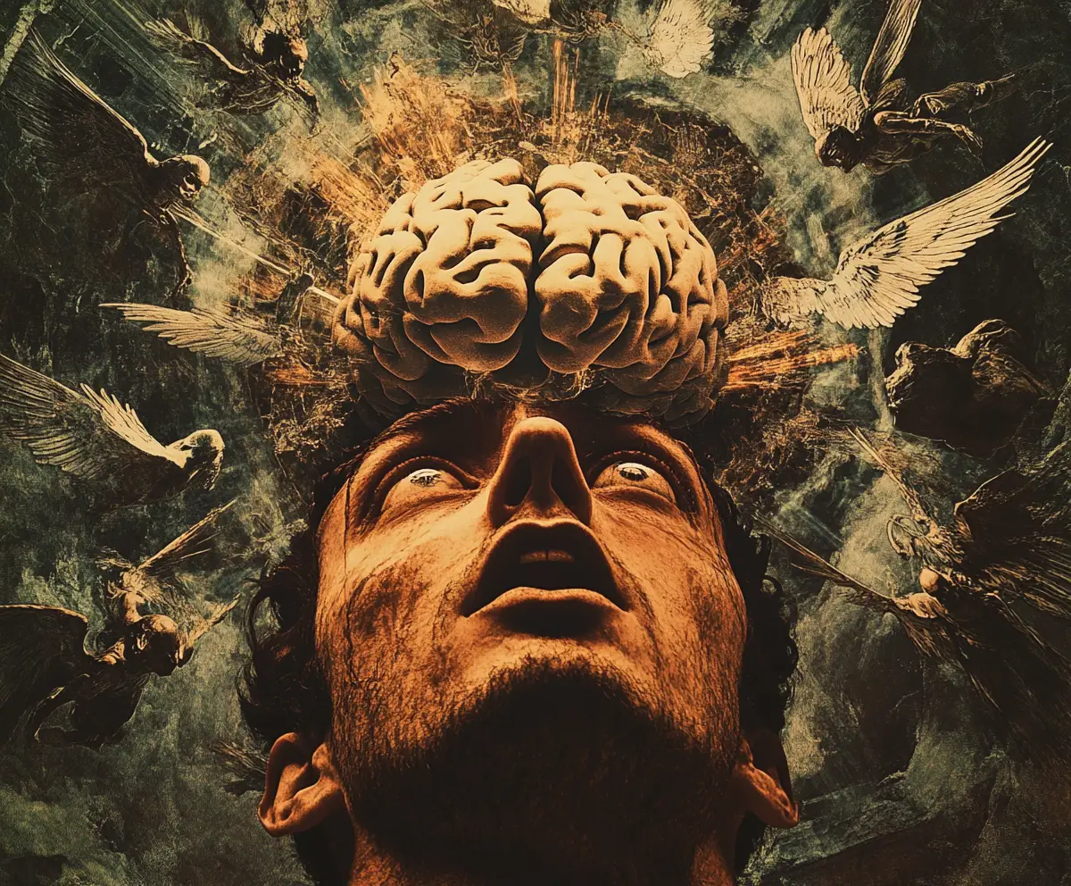 Surreal man with open skull and swirling angels and devils