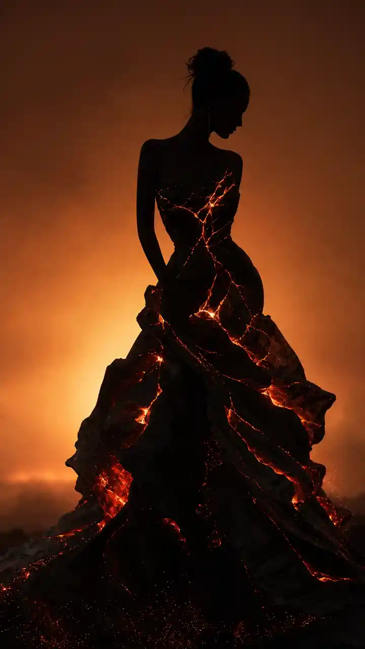 Silhouetted couture figure glowing with internal ember light