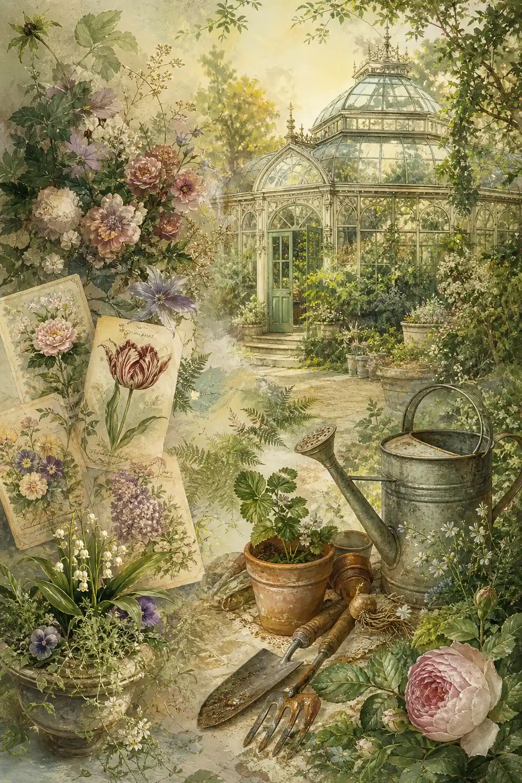 Vintage gardening mood board with tools seeds and plants