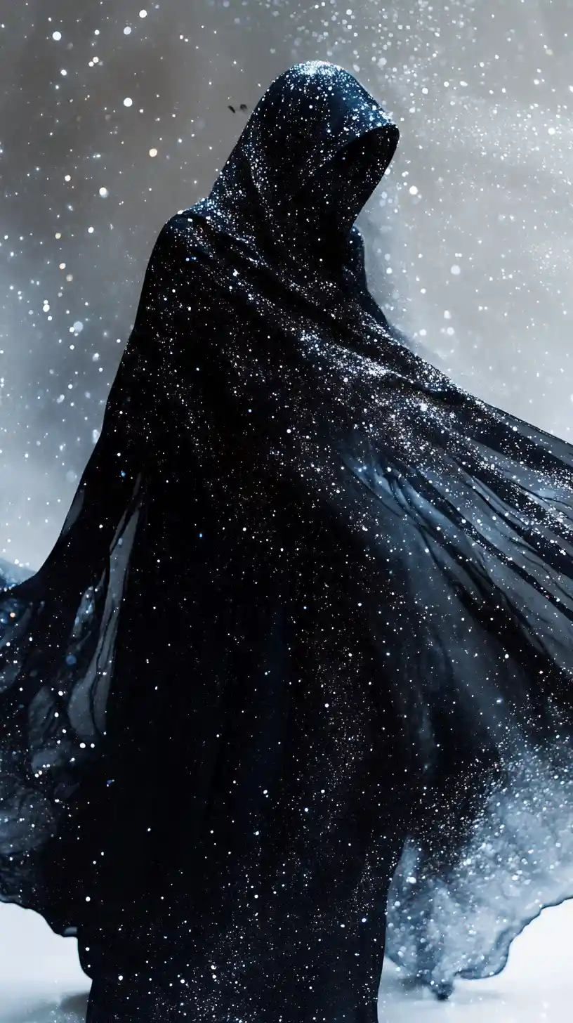 Fashion model wrapped in flowing cosmic constellation fabric
