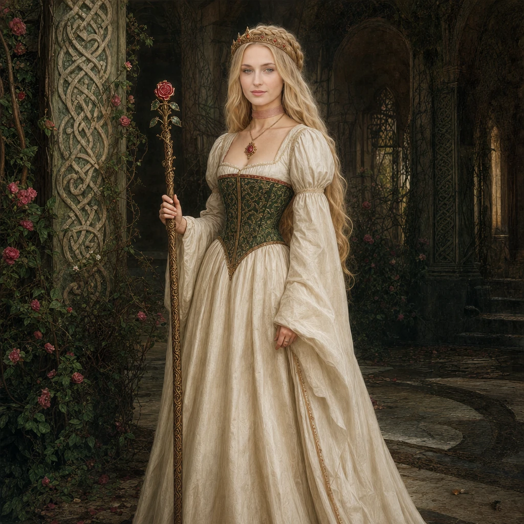 Renaissance style full length portrait of crowned noblewoman