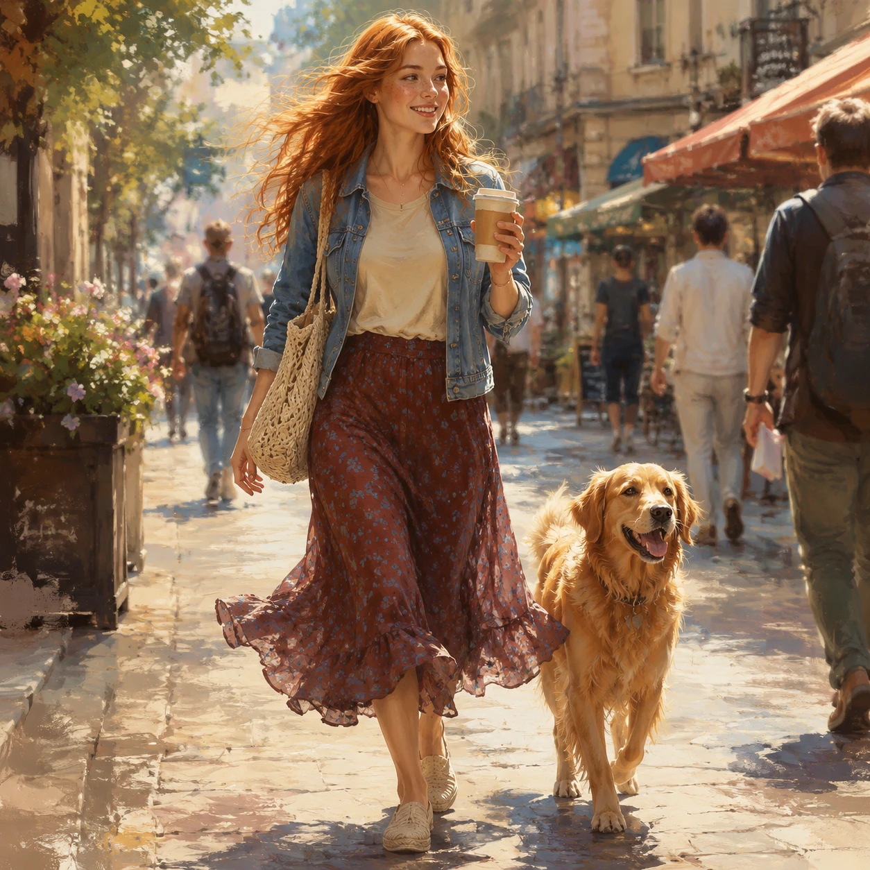 Red haired woman walking with coffee on a busy city street