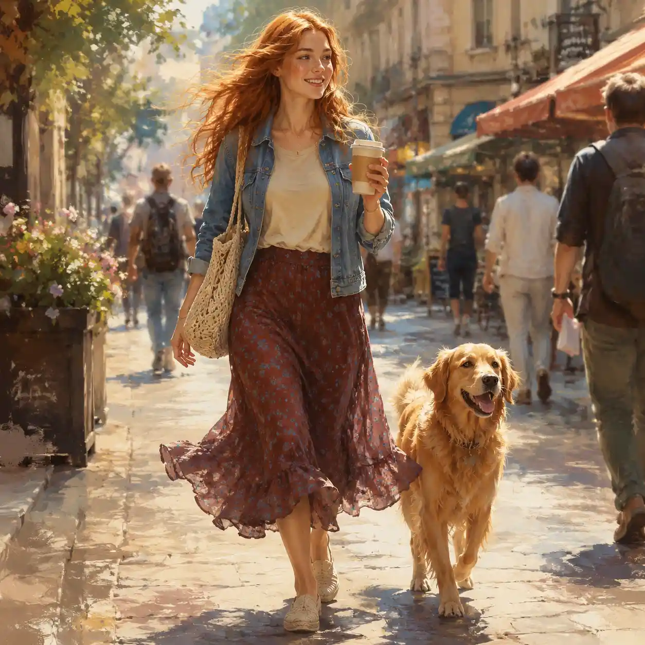 Red haired woman walking with coffee on a busy city street