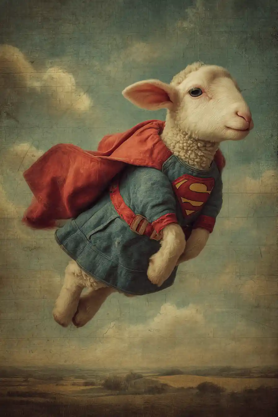 Flying sheep in a surreal vintage superhero sky scene
