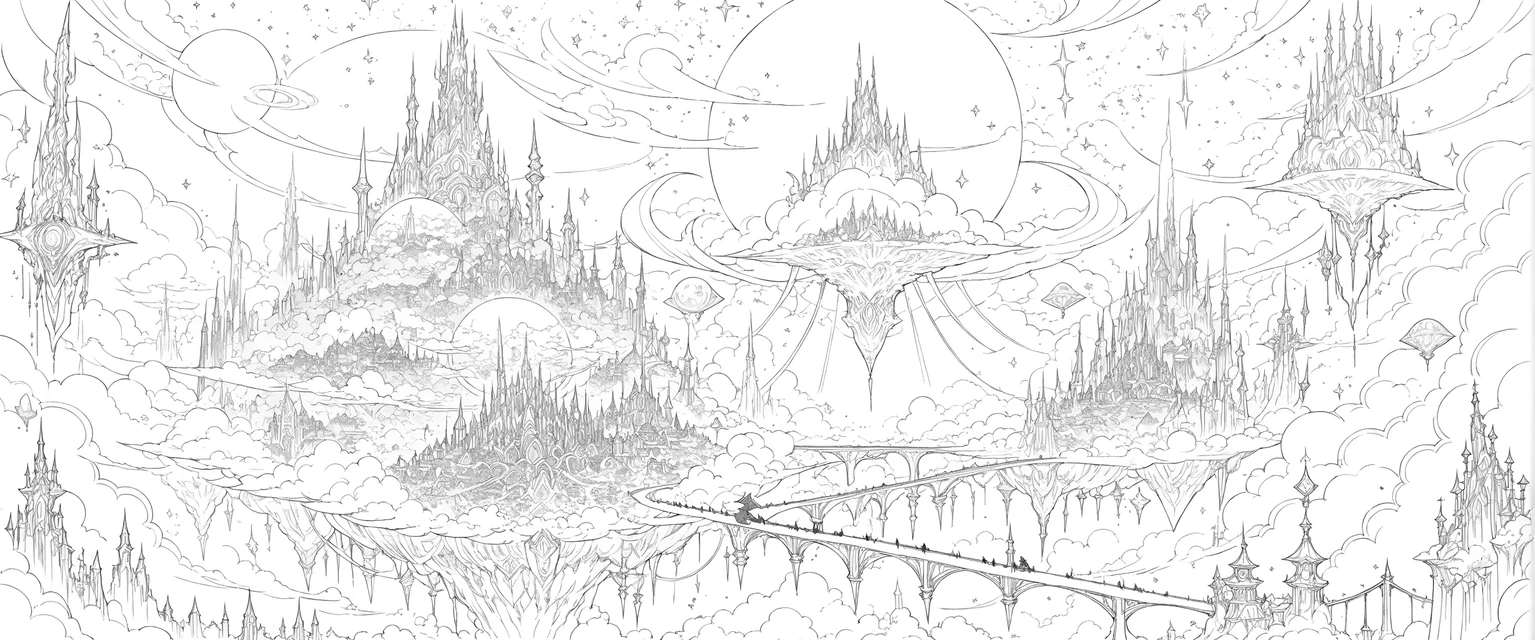 Floating fantasy city with towers above the clouds