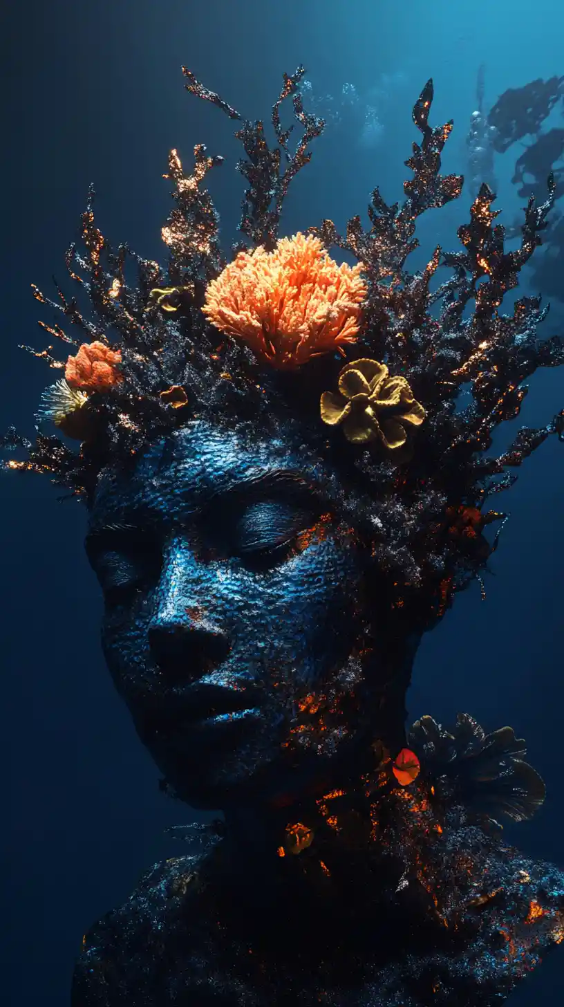 Regal underwater woman crowned with coral and thorns