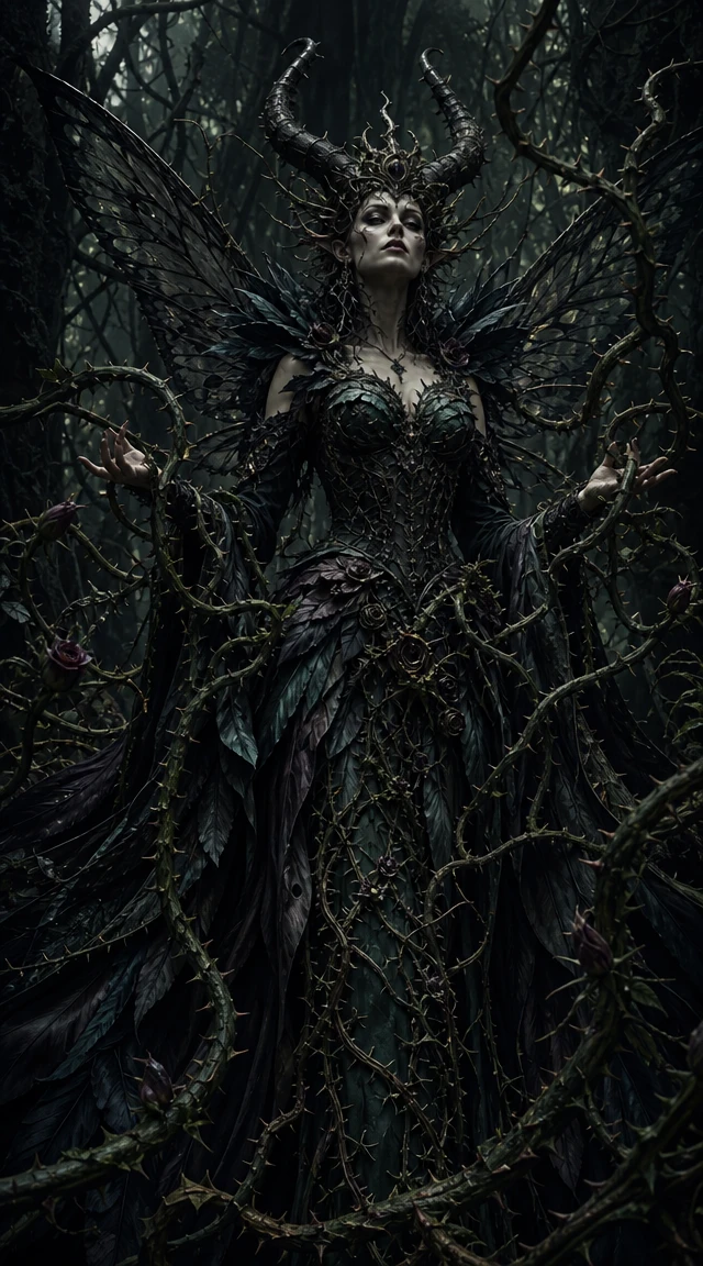 Dark fairy queen commanding thorn vines in gothic forest