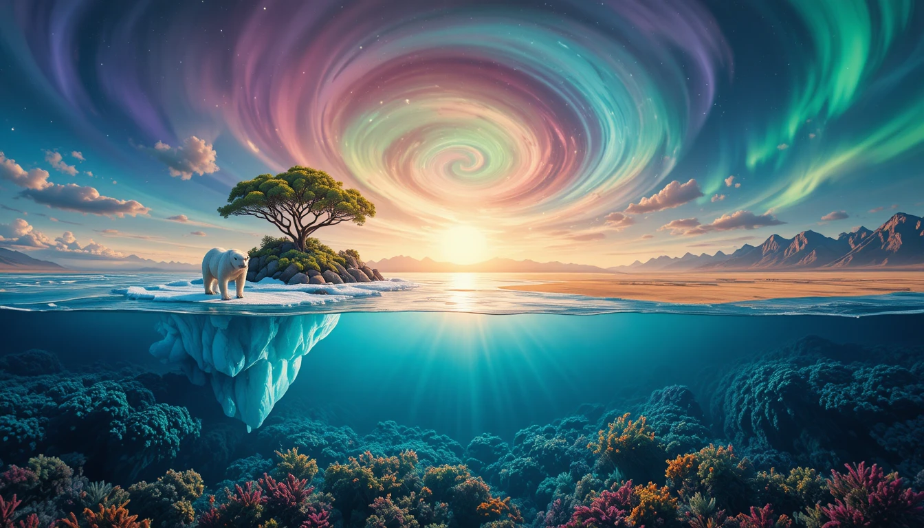 Polar bear on drifting ice beside lush tropical island