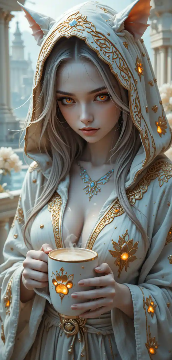 Hooded spirit woman above a glowing fairy tale palace