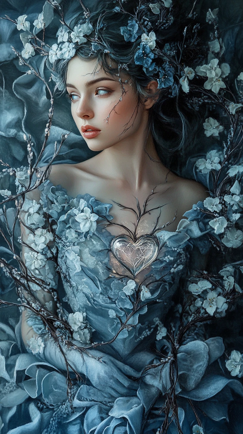 Elegant fantasy woman in petal gown with glass heart