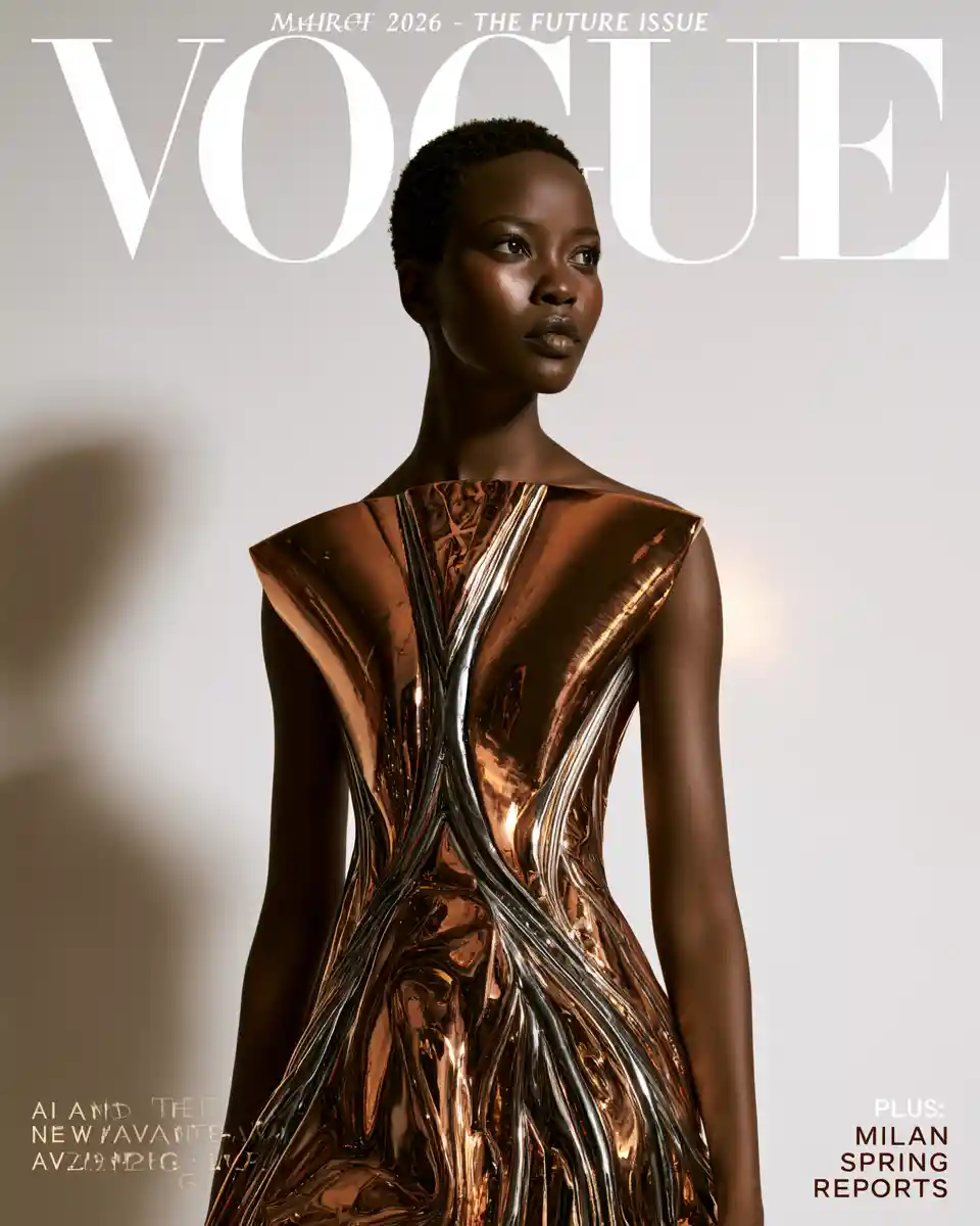 East African model in sculptural metallic couture gown