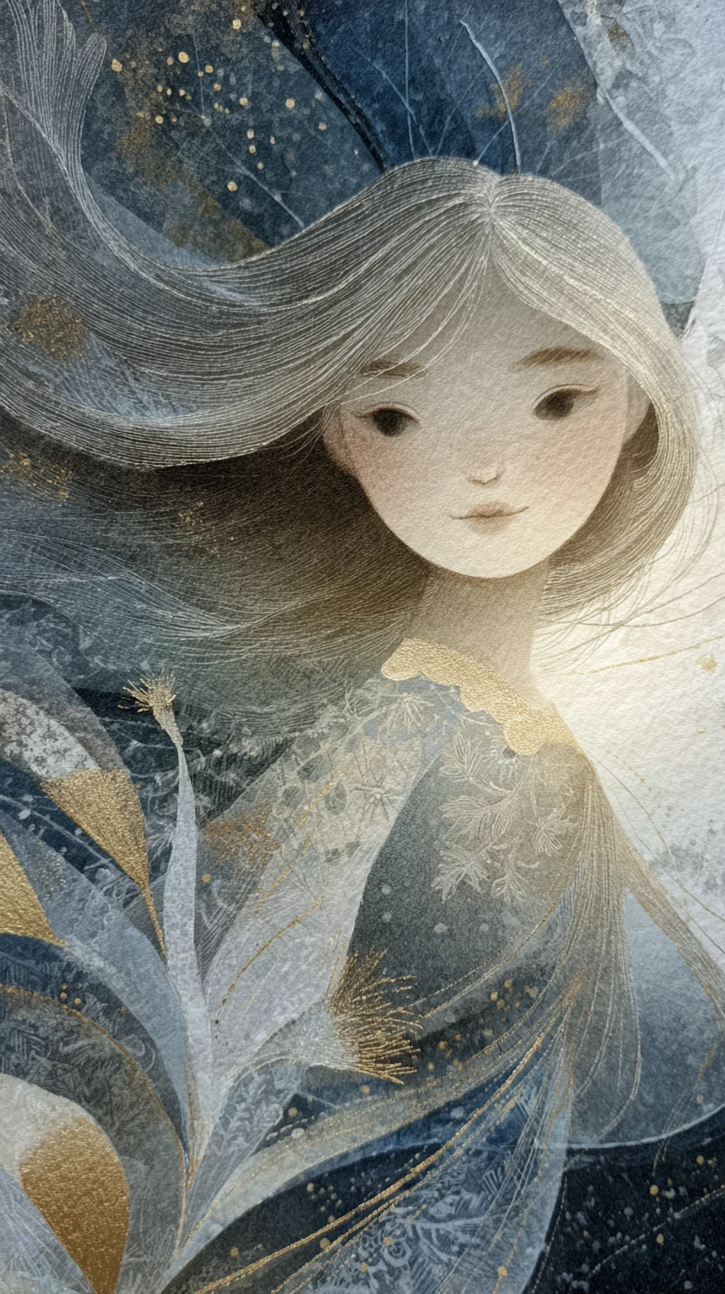 Dreamy celestial illustration of a serene whimsical child