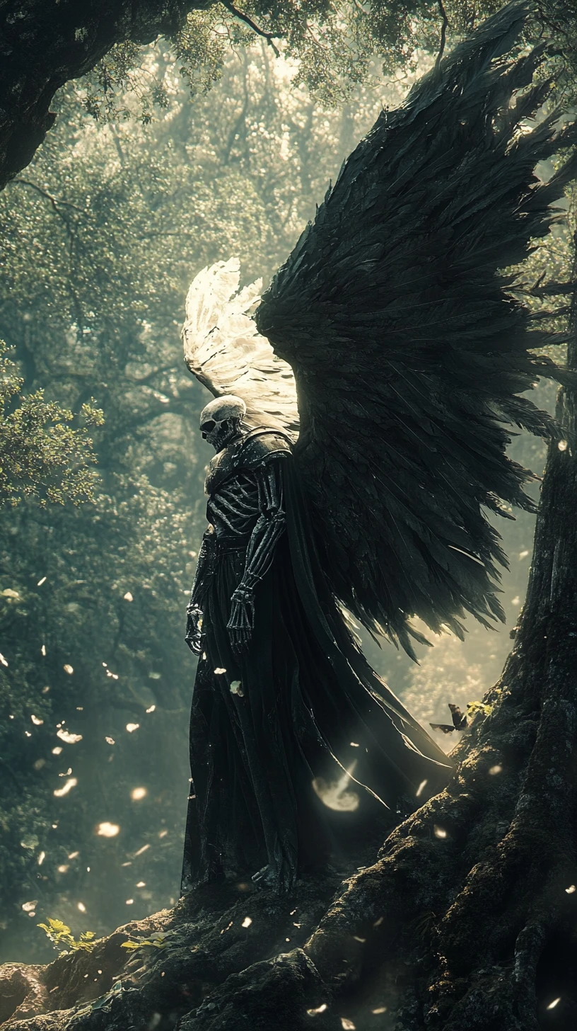 Winged guardian perched among ancient shadowed forest trees