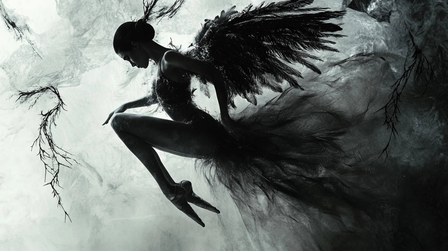Elegant ballerina figure amid feathers thorns and mist