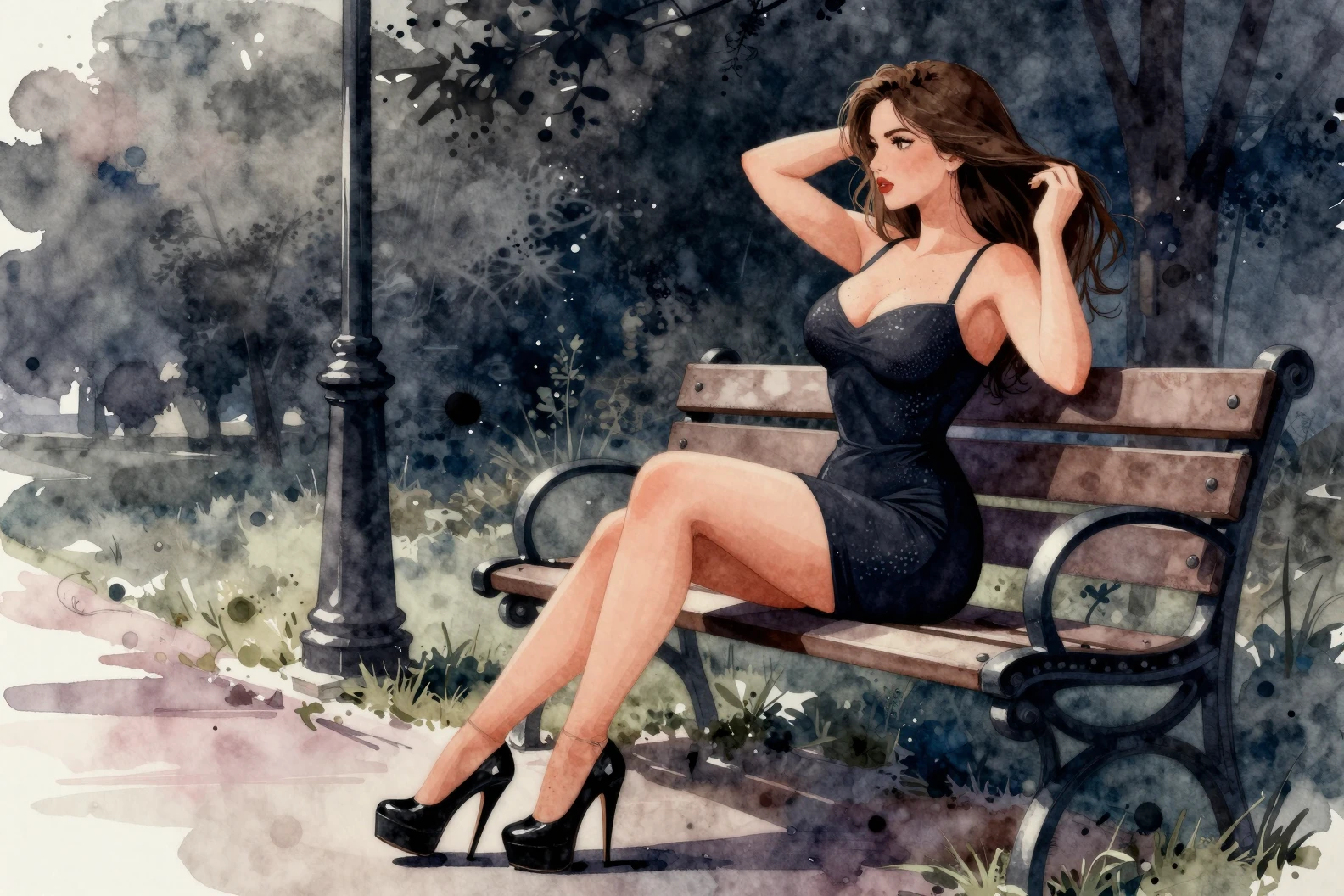 Curvy woman on park bench in dark watercolor scene