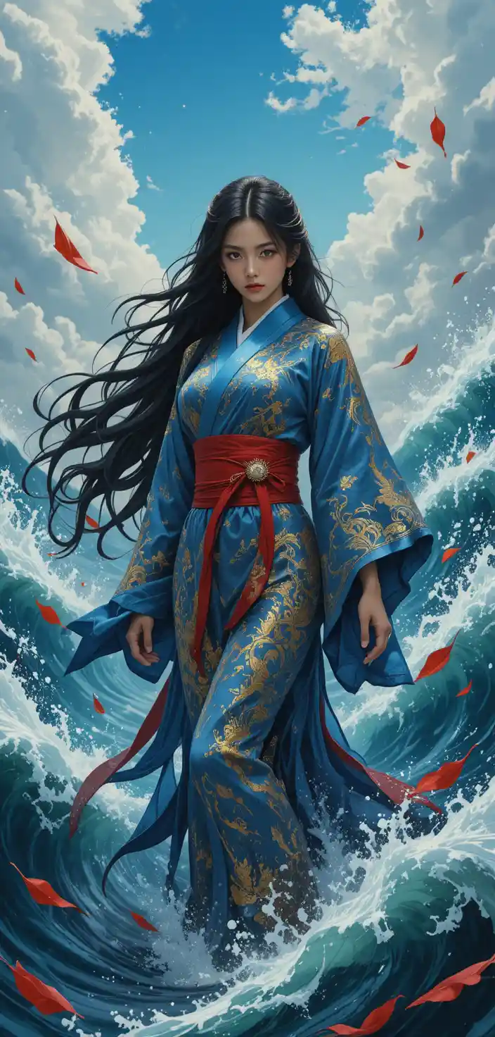 Asian woman in blue kimono standing in a stormy ocean