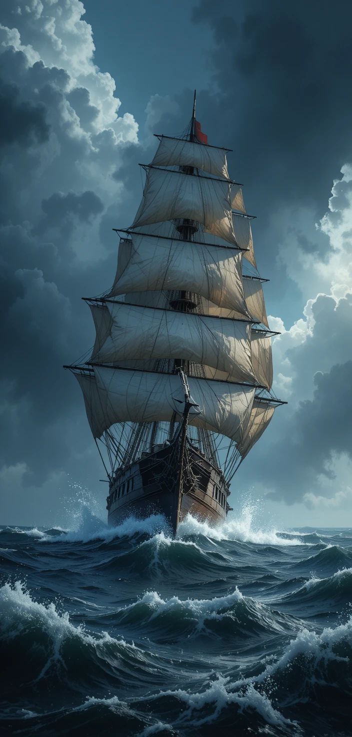 Storm tossed sailing ship on a dark and dangerous ocean