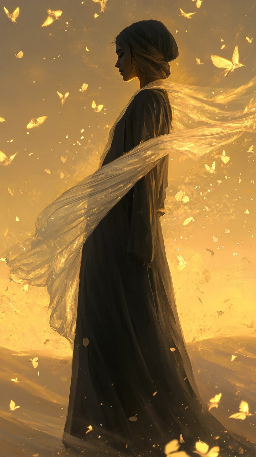 Young man in flowing petal garments in open desert light