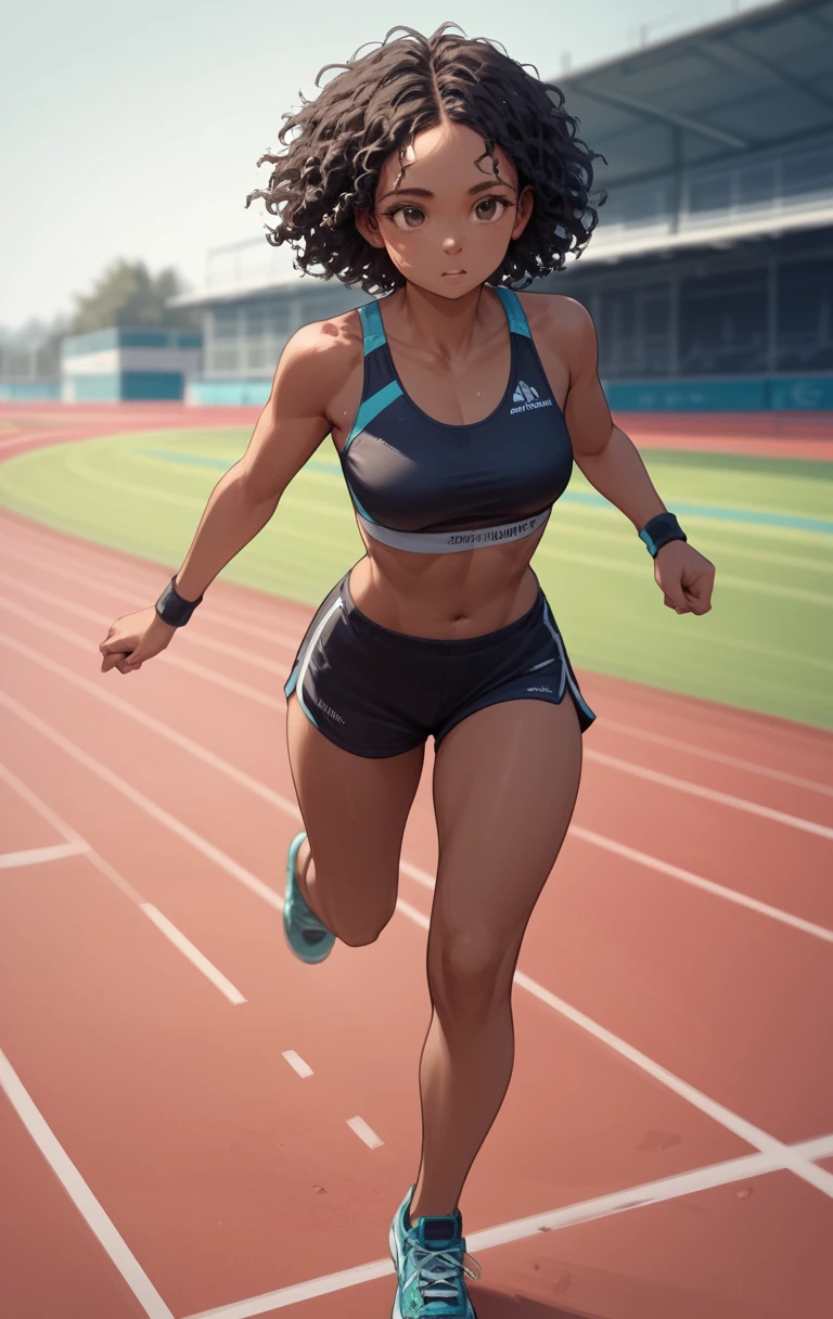 African girl running toward camera on outdoor race track
