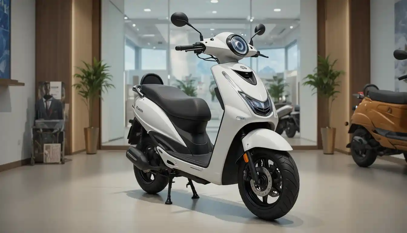 White electric scooter displayed in modern showroom front view