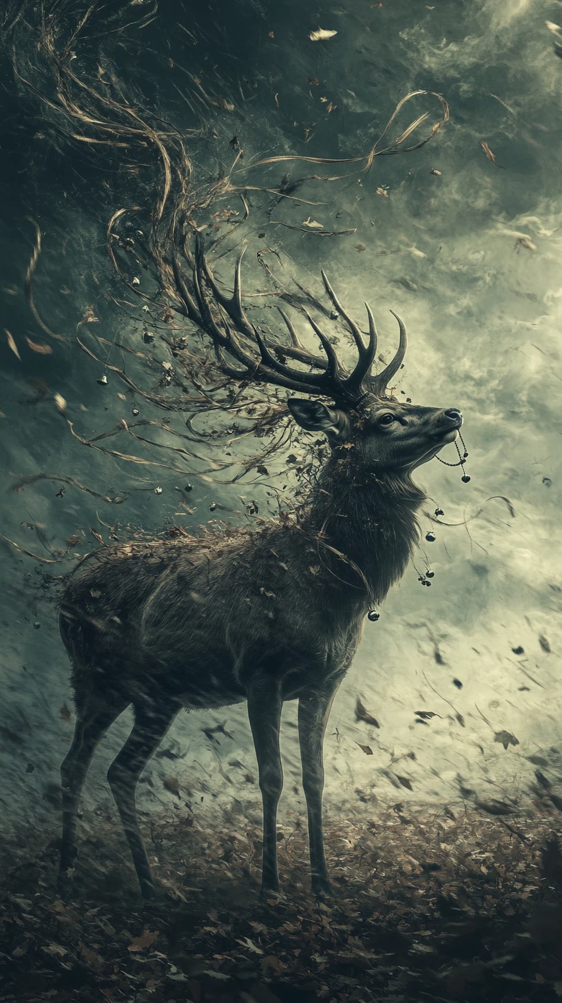 Deer Struggling In Violent Wind With Ribbons And Bells