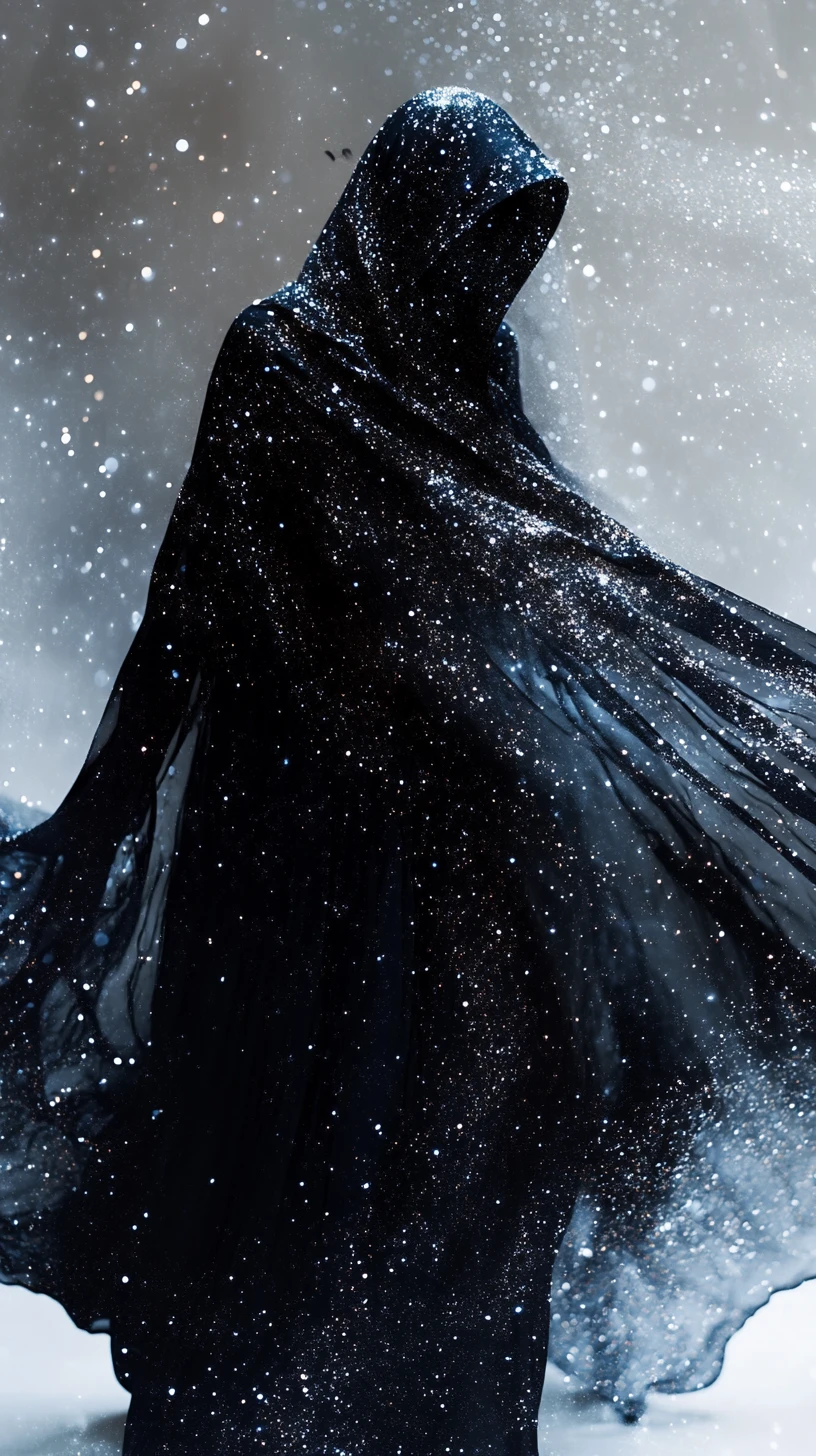 Fashion model wrapped in flowing cosmic constellation fabric
