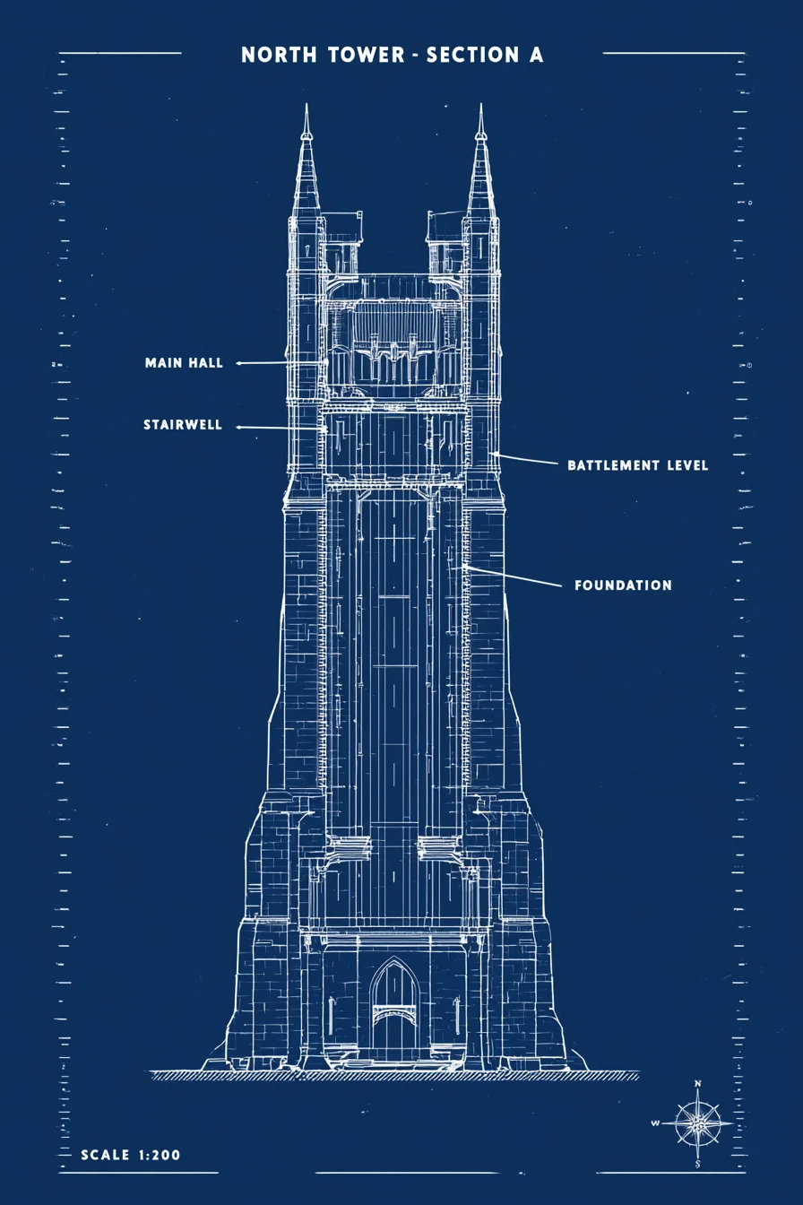 Medieval tower architectural blueprint in white on blue