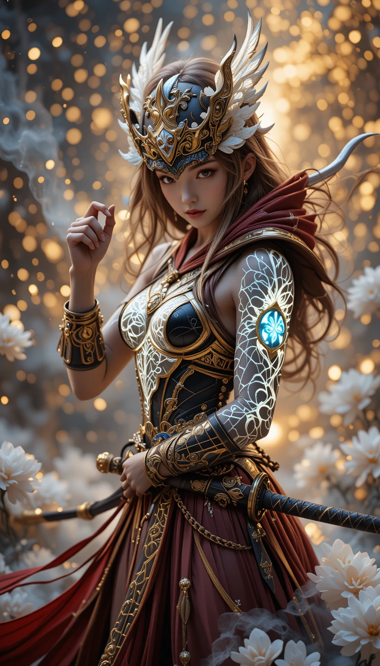 Mythical female warrior with glowing filigree in battle stance