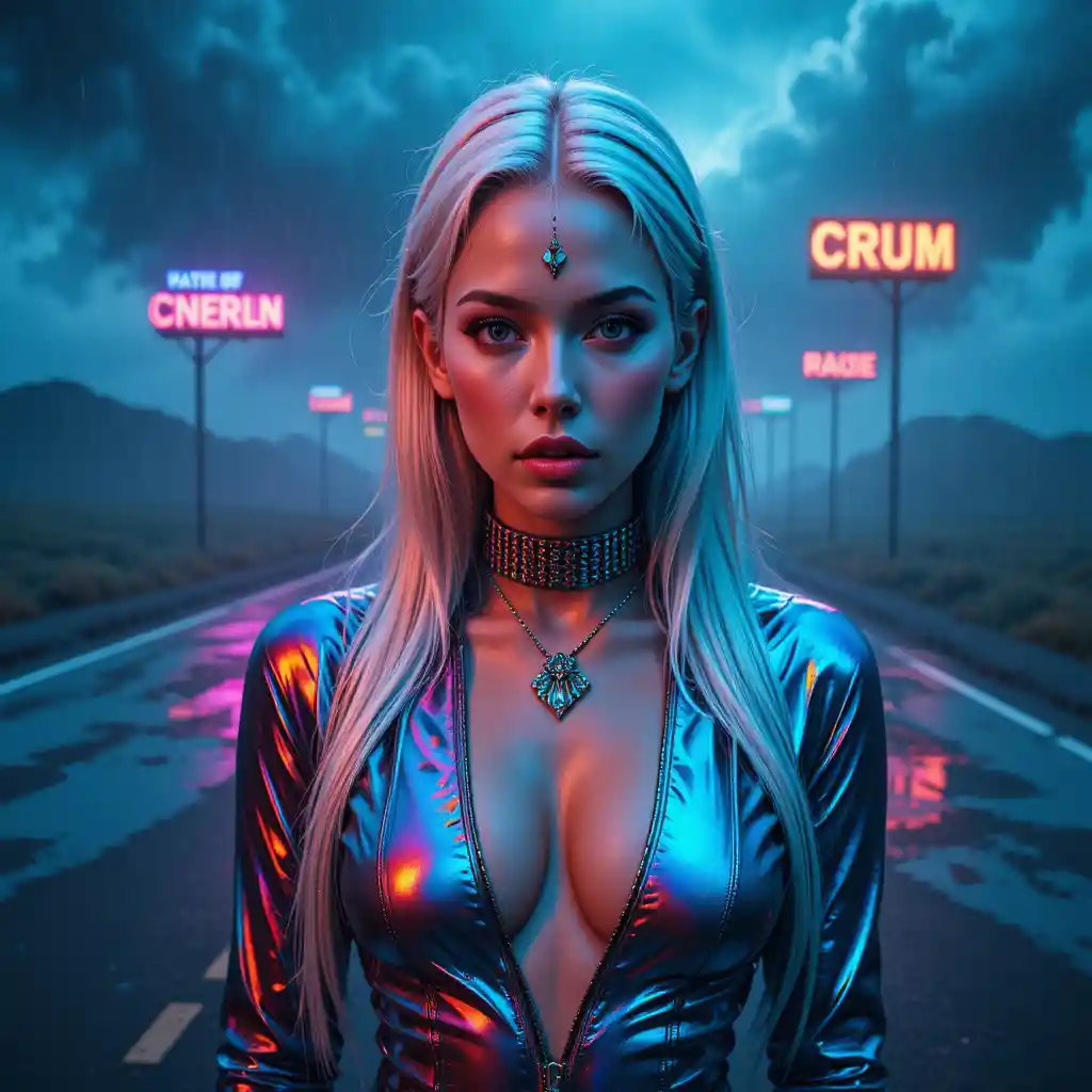 Futuristic fashion woman on a lonely neon lit road