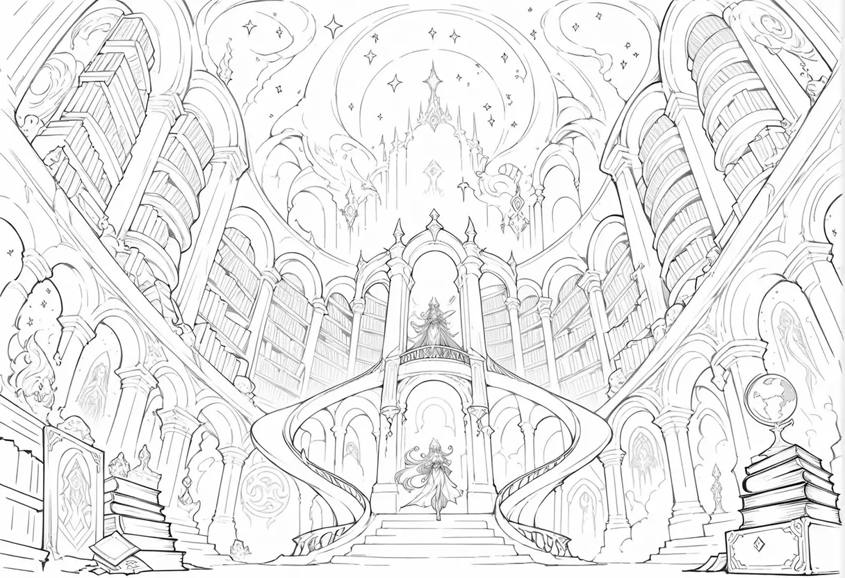 Endless Fantasy Library With Towering Shelves And Spiral Staircases