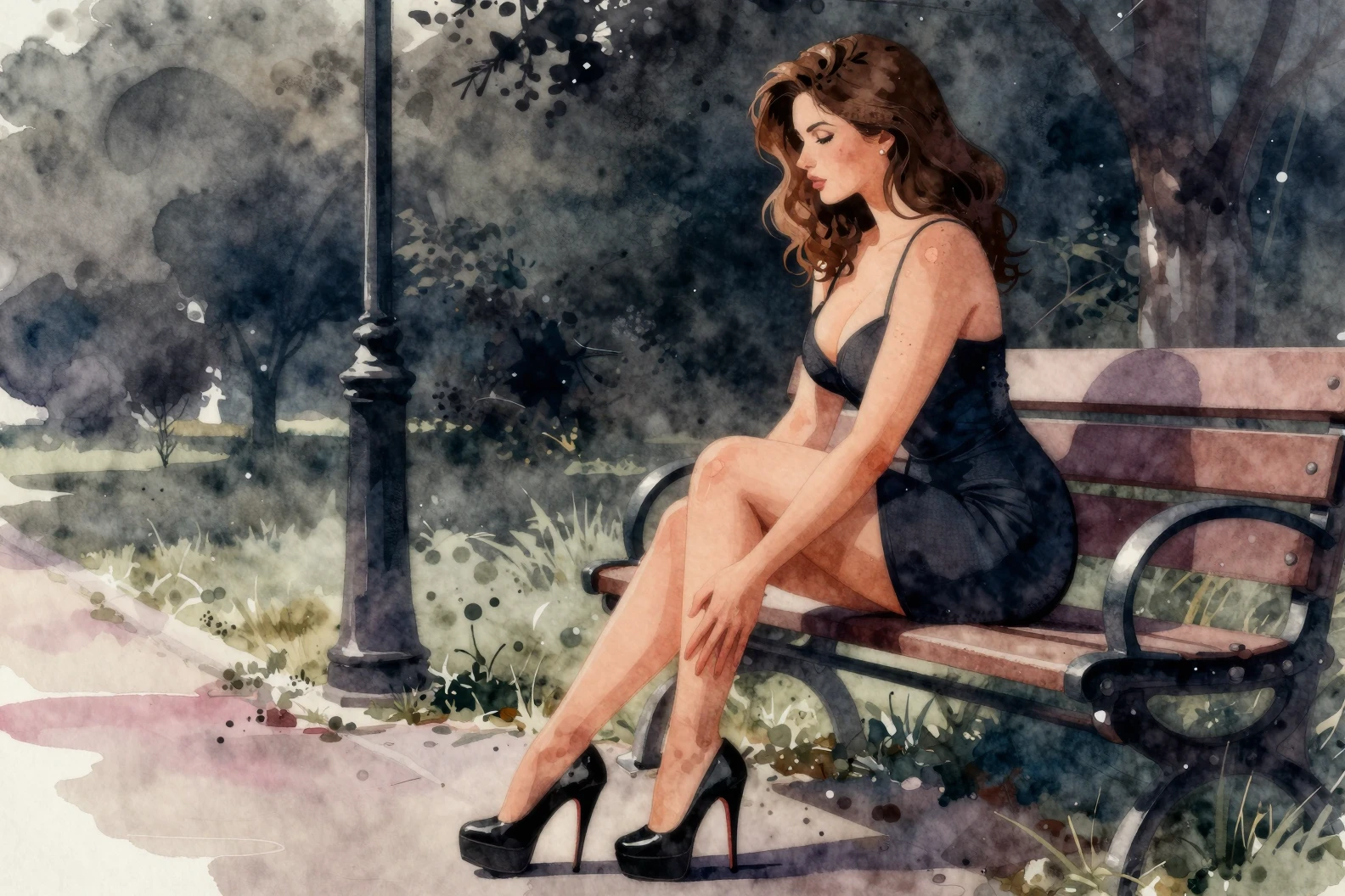 Curvy woman on park bench in dark watercolor scene