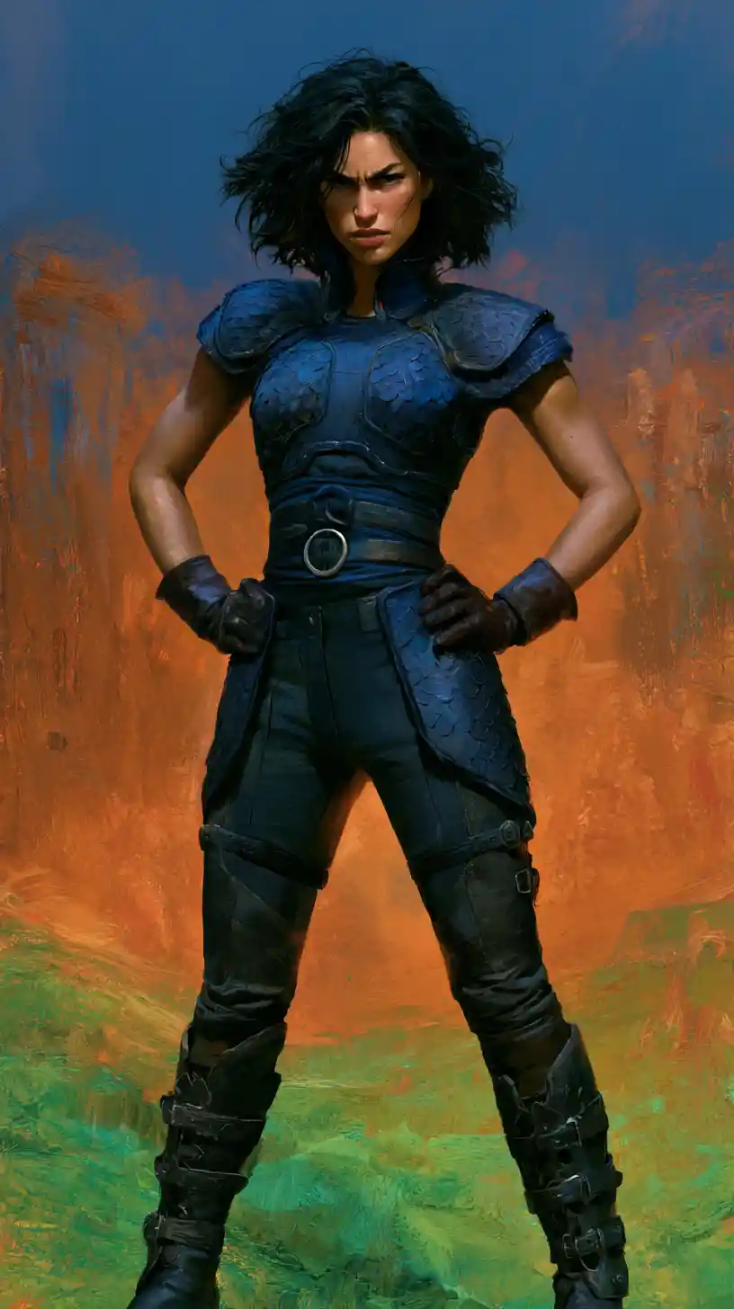 Intense female warrior in blue armor with dramatic lighting