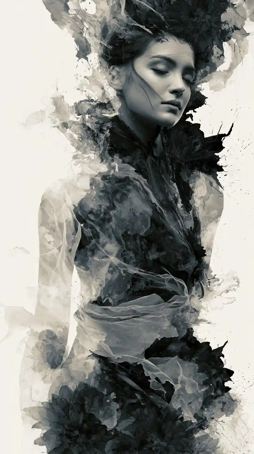 Ethereal woman falling through flowing watercolor and ink