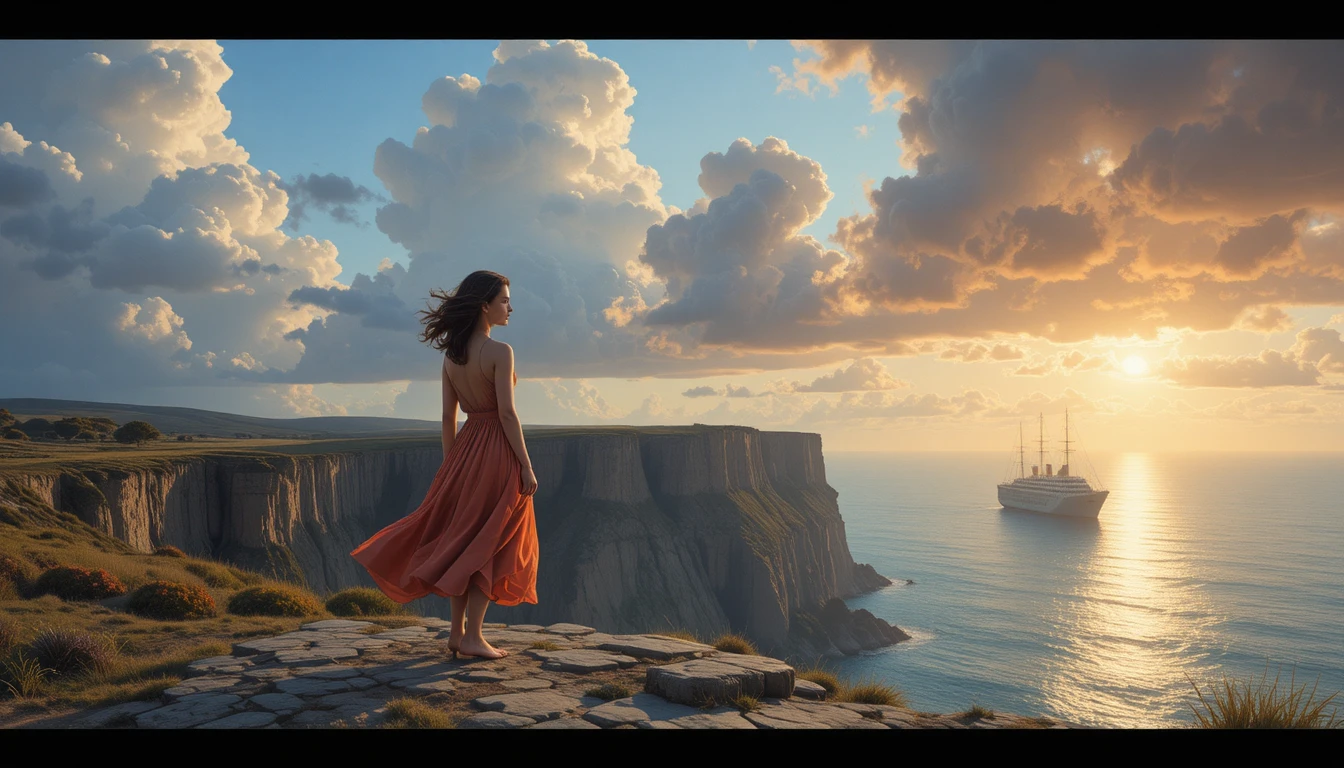 Young woman on a cliff watching the last ship vanish