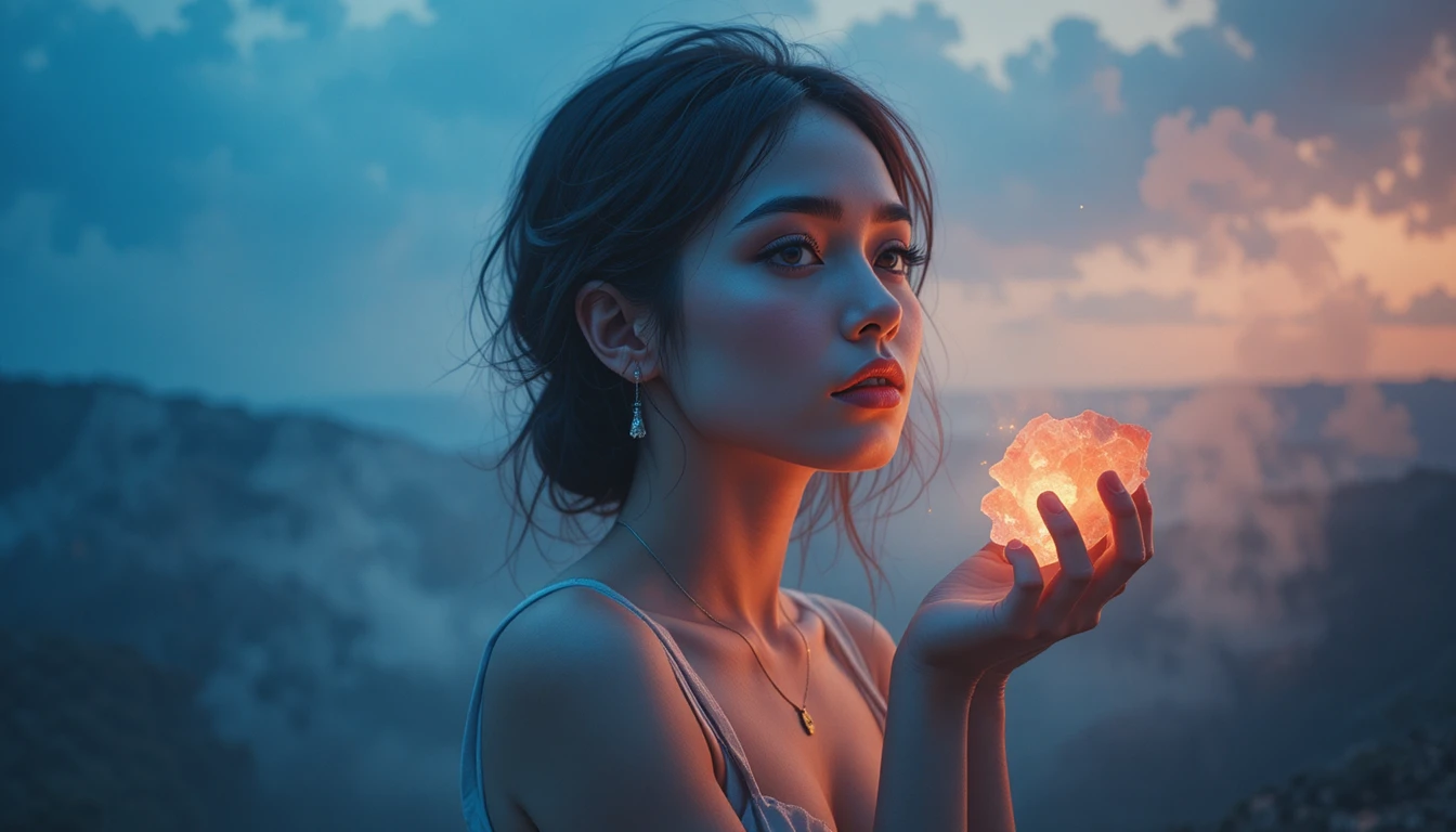 Young woman with glowing crystal pendant in side profile