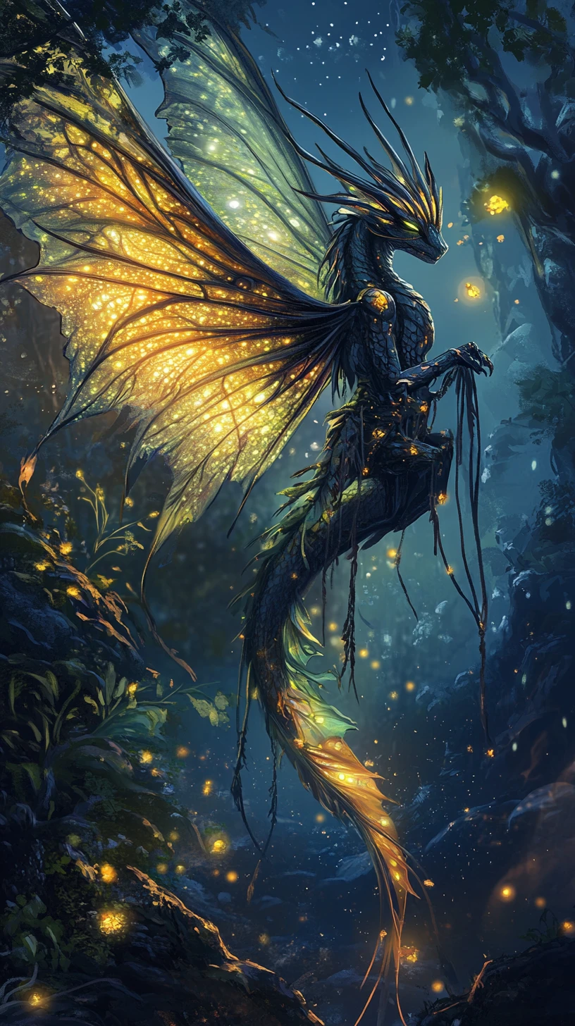 Dragon scout leaping through a moonlit mystical forest