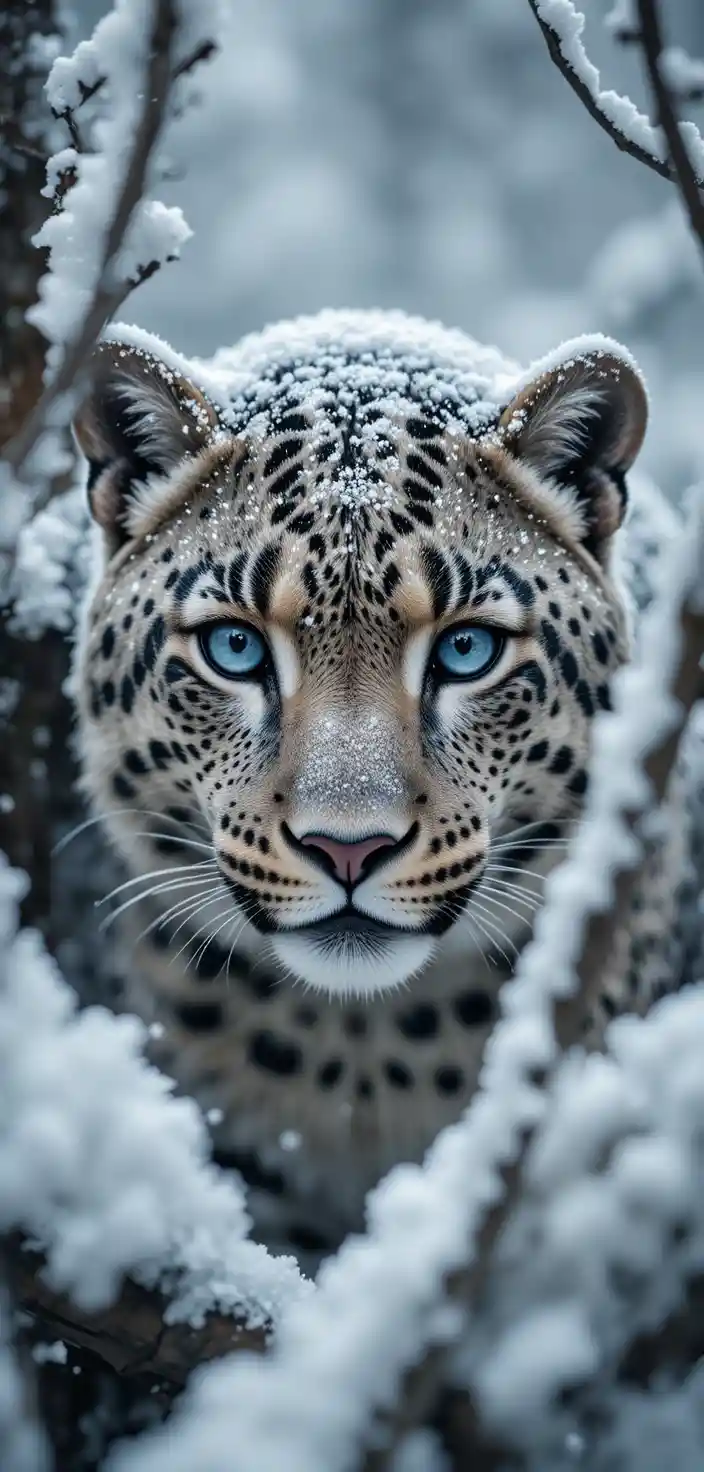 Snow leopard face emerging from snowy branches with blue eyes