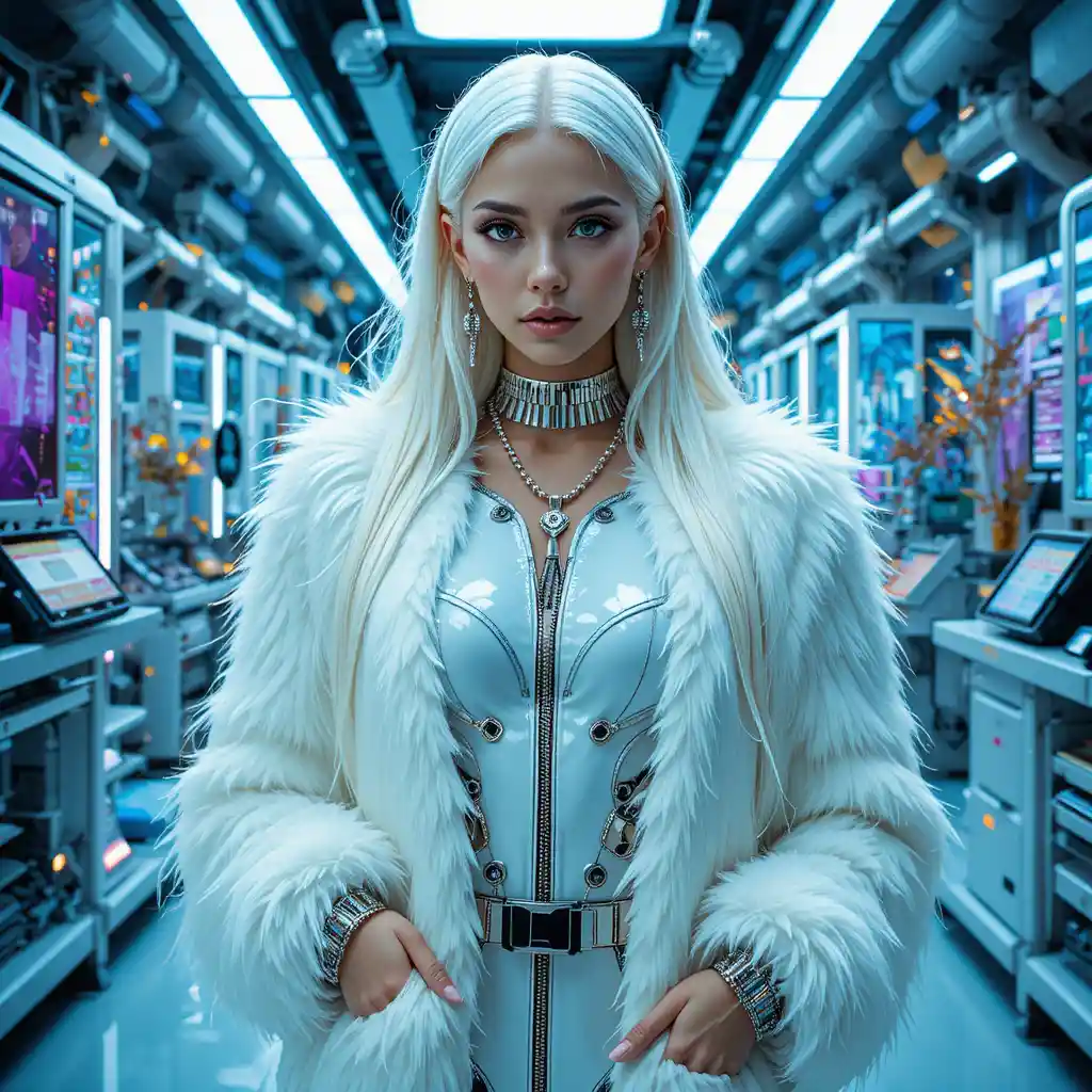 Futuristic fashion woman in cyber medical research lab