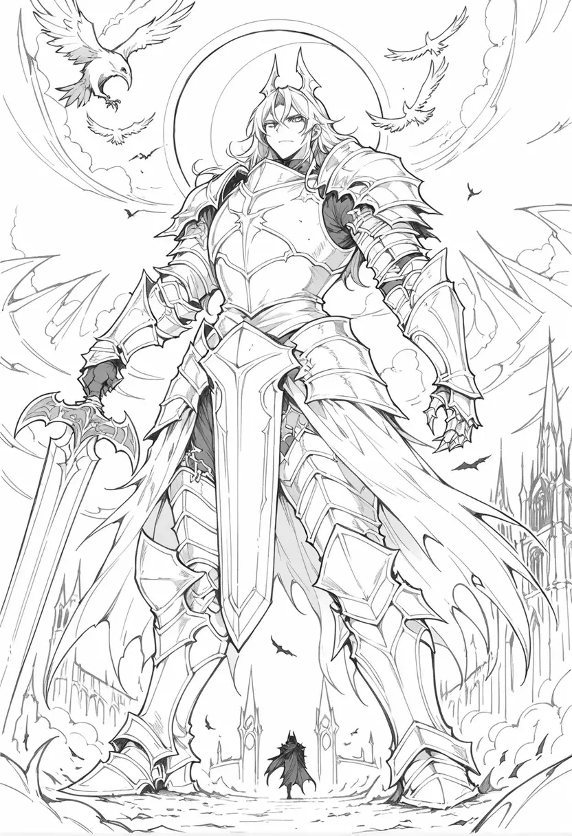 Dark knight with greatsword before eclipse and ruined cathedral
