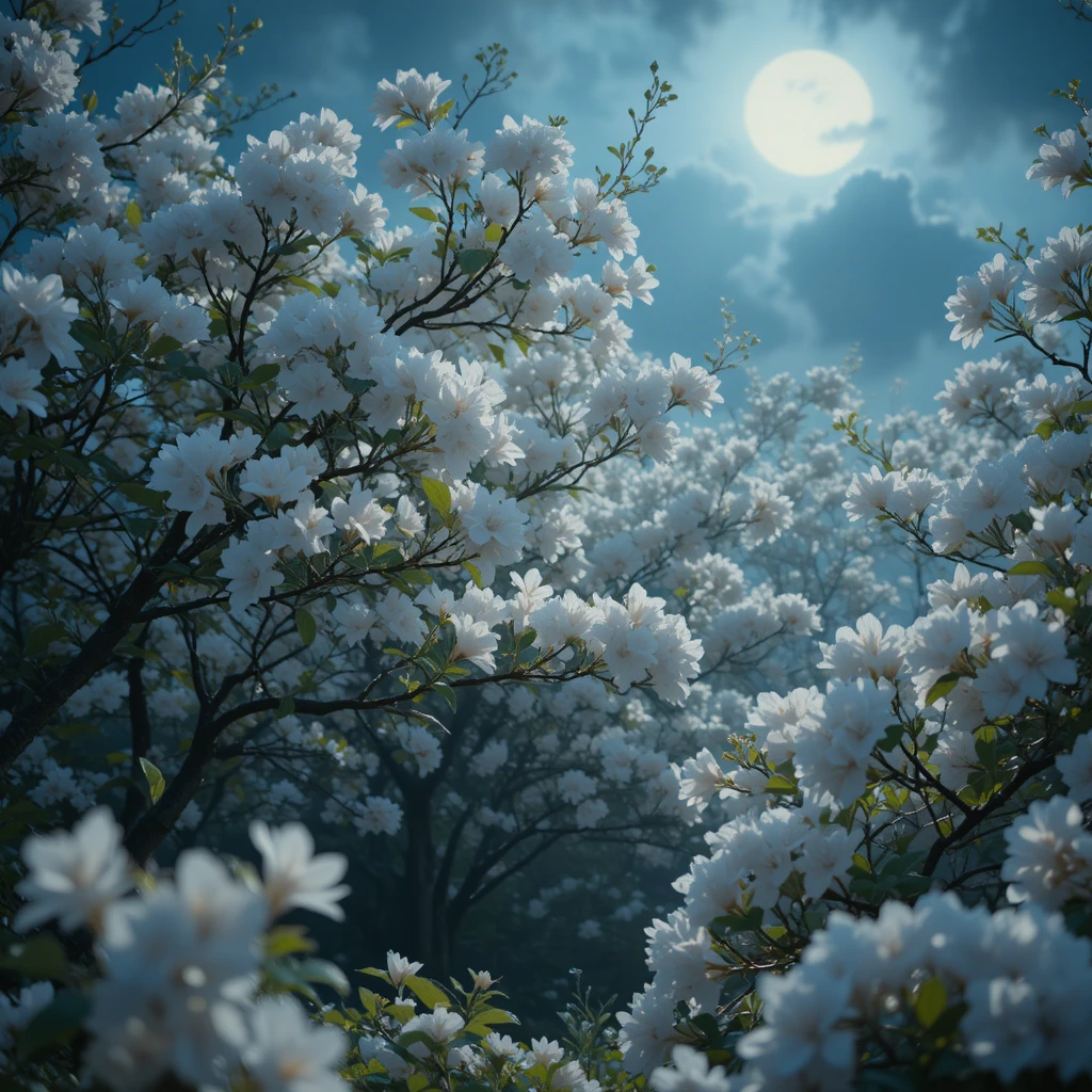 White Trees Swaying In Moonlit Windy Night Forest