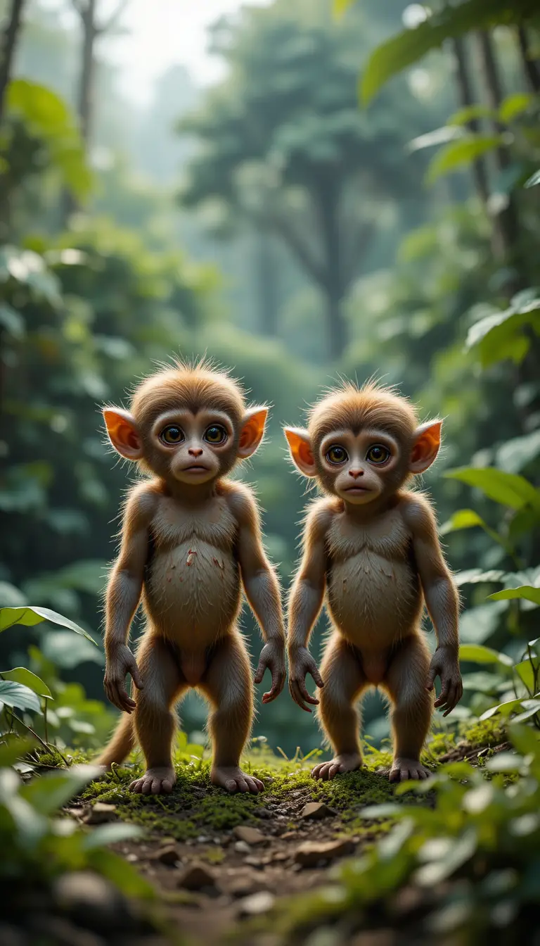 Two scared baby monkeys at the edge of a jungle